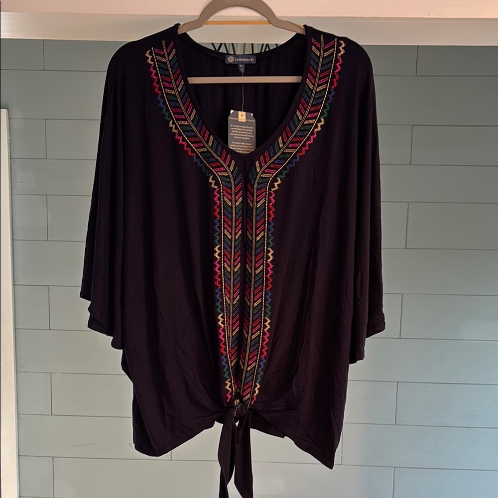 NWT Democracy Embroidered Navy Top with Multicolor Accents